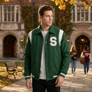 Green Baseball Jacket With Embroidery