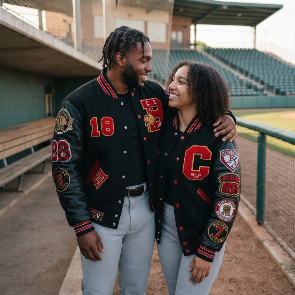 Red and Black Baseball Jackets for Couples