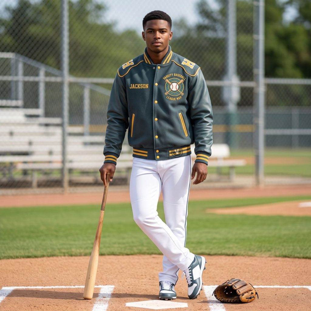 Teal Grey Baseball Jacket With Embroidery